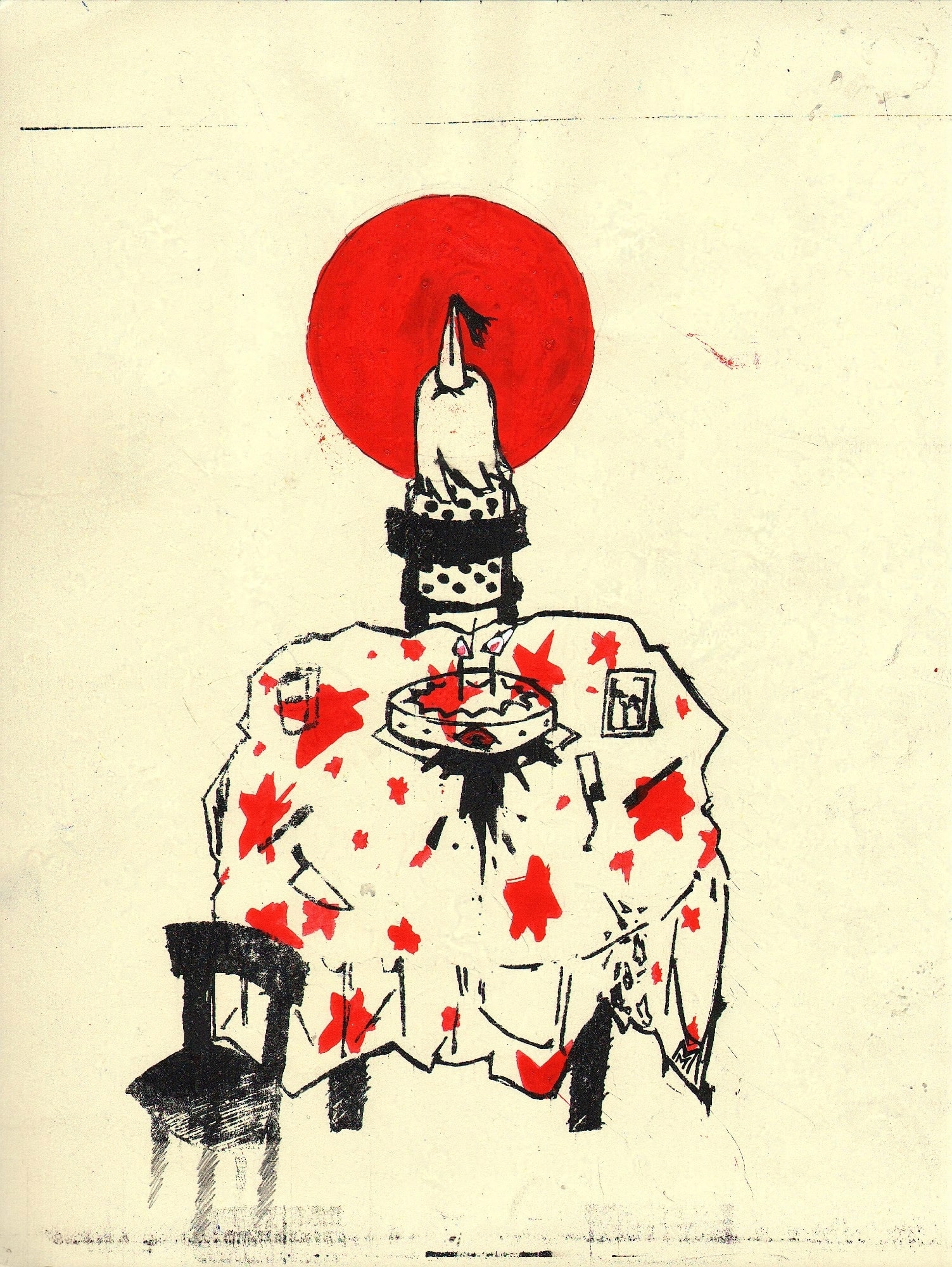 Illustration / Faxed Print of a Birthday Girl at a table staring away from a Bleeding Cake with an eye, a chair off to the side.